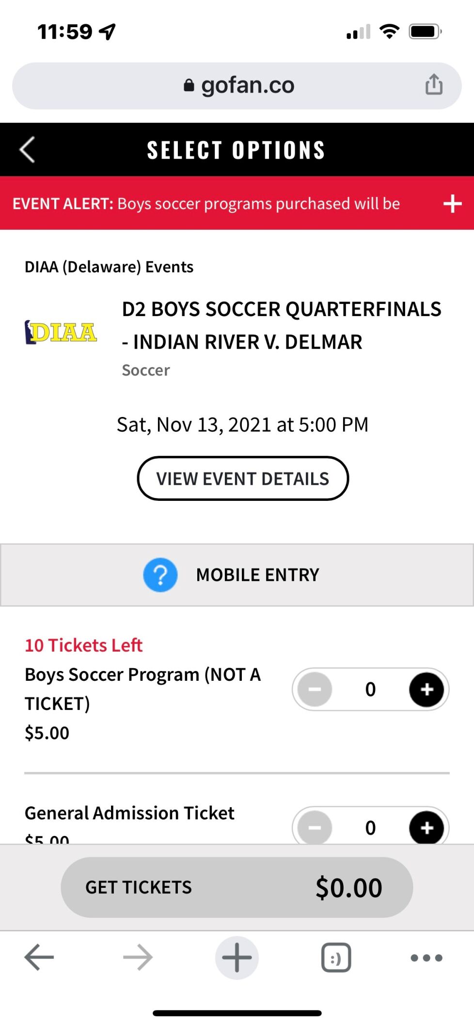 GoFan ticket buying interface